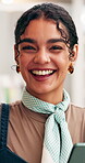 Hospitality, face and woman in cafe with tablet, food service manager and owner of dining business. Happy, tech and restaurant entrepreneur with laugh, about us and confidence in culinary industry.