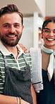 Hospitality, happy and couple in cafe with face, catering service and about us as bistro owners. Portrait, people and restaurant manager with laugh, partnership and confidence in culinary industry.