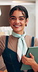 Hospitality, face or happy woman in cafe with tablet, catering service or owner of dining business. Smile, portrait or restaurant entrepreneur with laugh, about us or confidence in culinary industry.