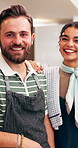 Hospitality, face or couple in cafe with smile, catering service or about us as bistro owners. Portrait, happy people or restaurant manager with laugh, partnership or confidence in culinary industry.