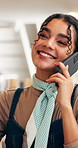 Phone call, smile or woman in cafe with tablet, inventory management or negotiation with supplier. Happy, networking or owner with technology, stock checklist or vendor coordination in restaurant.