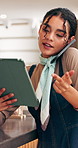 Phone call, chat or woman in cafe with tablet, inventory management or negotiation with supplier. Happy, networking or owner with technology, stock checklist or vendor coordination in restaurant.