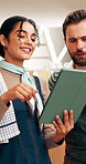 People, owner and reading at cafe with tablet, discussion and inventory check for menu update. Smile, team or talking at coffee shop with digital, stock checklist and increase pricing for hospitality