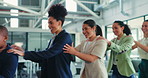 Business, women and conga line dance for celebration, happiness or team achievement at party. Excited, people and moving to music for company growth with fun, collaboration success or milestone