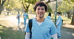 Face, intern and happy man in park for nursing school for medical scholarship or residence. Portrait, male person or healthcare internship with smile for outdoor medicine, learning or education