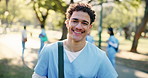 Face, park and happy man for medical internship, scholarship or residence in nursing school. Portrait, male person or healthcare nurse with smile for outdoor health service, learning or education