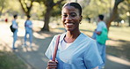 Face, intern and happy woman in park for nursing school for medical scholarship or residence. Portrait, female person or healthcare internship with smile for outdoor medicine, learning or education