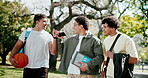 Happy, students and fist bump at college with phone, wow and notification for scholarship acceptance. Surprise, friends and men walk outdoor with tech, discussion or celebration for university grant.