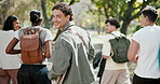 Education, face and walking with friends, outdoor and conversation with group and laughing together. Portrait, students and funny discussion with happy people, bonding and travel on university campus