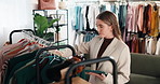 Fashion, tablet or woman in boutique for inventory management, retail size or small business. Tech, female person or clothing store entrepreneur with rack for sales check, style or verify stock level