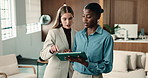 Women, team or planning with tablet in enterprise for sales proposal, financial suggestion or idea. Tech, people and collaboration in business office, investment solution or help with budget advice
