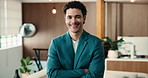 Face, confidence and happy man in business enterprise, about us or wealth consultant with ambition. Portrait, arms folded and corporate professional person with smile, investment advisor and pride