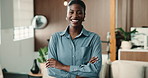 Face, laugh and black woman in business with confidence, career satisfaction and wealth consultant. Arms folded, happy female person and funny investment advisor with positive attitude in office