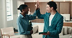 People, tablet and high five for teamwork in office lounge, financial goal and budget increase. Tech, happy employees and celebrate success with business funding, investment conversation and laughing