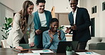 Team, applause and excited with laptop in office, graphs or celebration for financial review on web. Business analyst, clapping and happy people with tech, collaboration and fist pump for good news