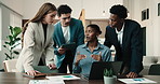 Business, laptop or people in office with paper, group feedback or budget analysis in finance agency. Collaboration, document or stats analyst with tech, team insight or forecasting on revenue report