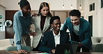 Finance, discussion and people in agency with laptop, group feedback and budget analysis in meeting. Business, collaboration and stats analyst with tech, team insight or forecasting on revenue report