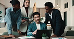 Finance, discussion and team in office with laptop, group feedback or budget analysis in meeting. Business, people or stats analyst in agency with tech, collaboration or forecasting on revenue report