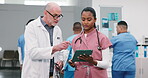 Doctor, nurse and reading at hospital with tablet, research and mri scan results for prognosis. People, team and talking in clinic with digital, patient charts and medical report for treatment update