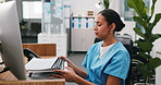 Nurse, paperwork and computer at hospital reception with overwhelming workload, fatigue and burnout. Healthcare worker, woman and low energy at front desk with pc, files and tired of administration.