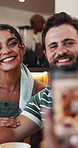 Smile, couple and selfie at cafe for date, photography and social media post with funny expression. Happy, people and capture memory at coffee shop with peace sign, profile picture update and bonding