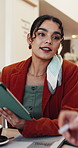 Business, meeting and woman in cafe with tablet, planning or creative strategy for digital marketing. Manager, person and team in coffee shop with tech, discussion and brainstorming for ad campaign.