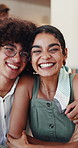Smile, couple and selfie at coffee shop for date, photography and social media post with partner. People, laughing and capture memory at cafe for romance, profile picture update and bonding together