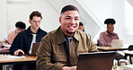 Face, man and college student in classroom with laptop, smile and scholarship for higher education. Happy, person and study opportunity at university with computer, course and lecture for knowledge.