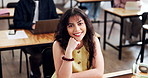 Face, student and woman in lecture hall with university education, smile and scholarship for degree. Happy, person and study opportunity at college with course, academic class or learning for future.
