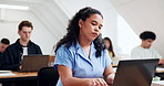 University student, thinking and woman with laptop in classroom, education and study with research. College, reflection and people with tech, knowledge or planning for assignment with info on website