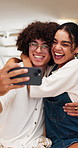 Couple, selfie and smile in cafe in hug, quality time or social media post for relationship memories. Happy, people and date in coffee shop with photography, embrace and profile picture on internet.