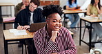 Face, woman and student in class with smile, learning and university lecture for knowledge. Portrait, female person and people at campus for assessment, academic scholarship and course for education