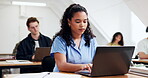 University student, typing and woman with laptop in classroom, education and studying with research. College, notes and people with tech, knowledge and planning for assignment with info on website