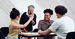 Teacher, students and high five in university with laptop, education and happy with assignment grade. Lecturer, people and smile in college class with computer, celebration or well done for pass mark