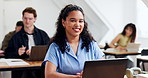 University student, face and woman with laptop, laughing or confident with scholarship in classroom. Education, portrait and happy person in college, online and research with technology and learning