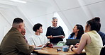 Tablet, lecturer and laugh with students in university for course announcement, learning or joke. Tech, happy people and talking with funny professor in college, education curriculum and teaching