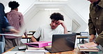 Student, laptop and busy group with chaos in university for academic pressure or overworked stress. Man, overwhelmed or documents with colleagues or timelapse for project deadline or higher education