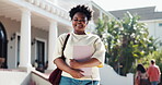 Happy, college and student outdoor for education, scholarship and study opportunity for growth. Face, university course and female person with knowledge, future and smile by campus or school building
