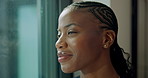 Thinking, calm or woman at window with memory, daydreaming or chill moment on weekend break. Space, happy or black person in home with reflection, peaceful perspective or mindfulness on day off.