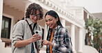 University, education and happy friends with phone, outdoor and reading message on social media app. College, students and people with mobile on campus, talking and laughing at funny post on website