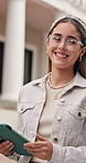 Face, student and woman at university with tablet, glasses and download AI for learning assistance. Happy, person and outdoor at college with tech, higher education and browse internet for knowledge.