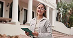 Face, student and happy girl with tablet in university for higher education or scholarship. Portrait, female person or academic learner with smile or technology for learning opportunity or research