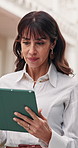 Lecturer, woman and typing at college with tablet, upload assignment or task on digital learning app. Professor, mature person and lesson plan outdoor with tech, online university portal and website.