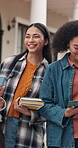 Education, students and friends with books, outdoor and planning for project with group at college. Happy people, talking and research for assignment on campus, knowledge and laughing with tablet