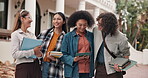Education, students and group with tablet, outdoor and planning for project with friends at college. Happy people, talk and research for assignment on university campus, knowledge and laugh with tech