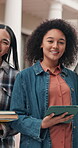 Students, face and friends with tablet, outdoor or planning for project with group on college campus. Happy people, portrait and research for assignment at university, knowledge and laugh with tech