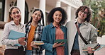Students, face and group with tablet, outdoor or planning for project with friends on college campus. Happy people, portrait and research for assignment at university, knowledge and laugh with tech