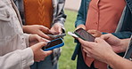 Hands, typing and student group with phone for social media, connection or data sync together. People, friends and texting with technology for mobile network, research or communication on campus