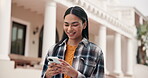 Woman, student and outdoor with phone for education, typing and smile for class registration app. Academic, mobile or network on campus for schedule, scholarship requirements or happy for opportunity