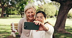 Selfie, happy and senior women in park for social media, online post and memory with fresh air. Friends, outdoor and mature people with photo, picture and smile for bonding, rest and wellness